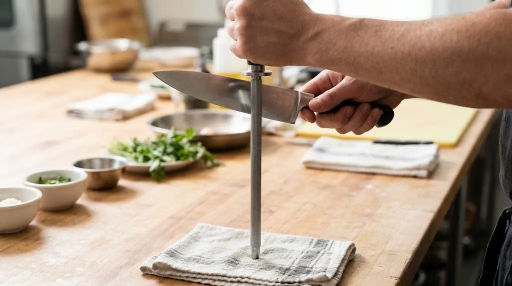 Honing a chef knife blade with a steel rod on a kitchen counter.