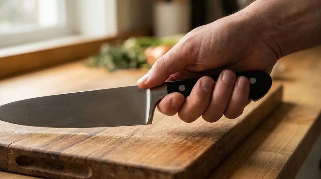 Close-up of a chef knife pinch grip on a wooden cutting board.
