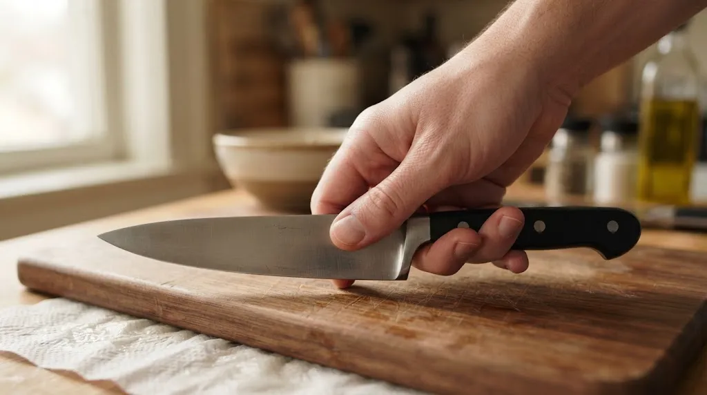 Close-up of a chef knife pinch grip on a wooden cutting board.