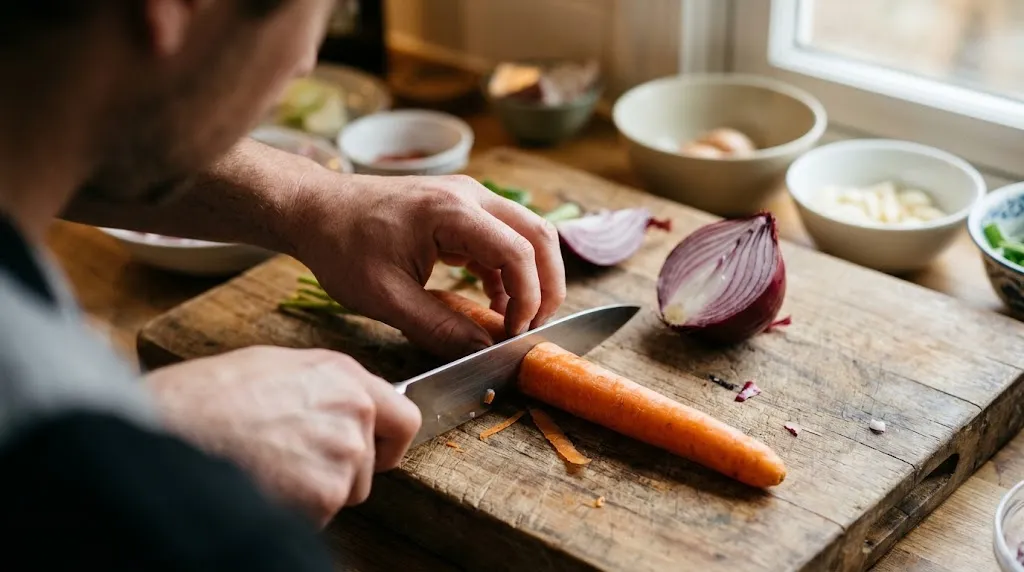 Hands adjusting the claw grip technique for chopping various vegetables.