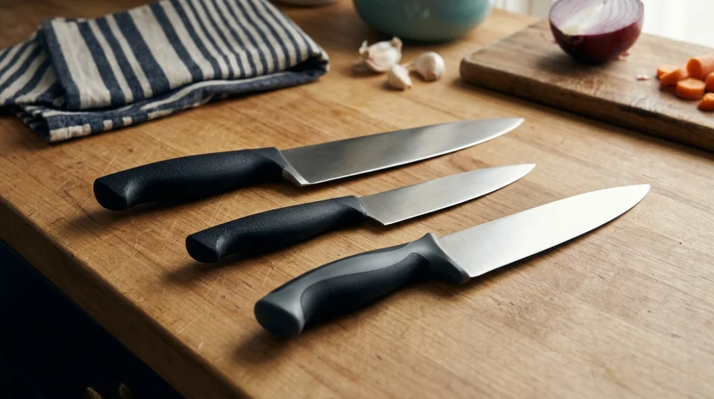 Three chef knives with different handle designs and blade lengths arranged on a wooden kitchen counter.