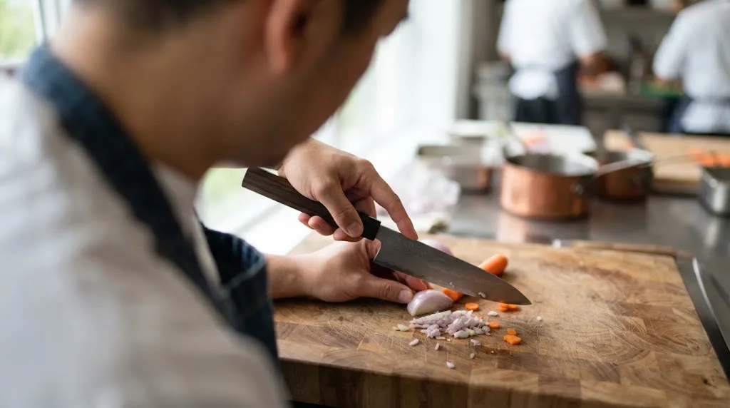 Chef using a pinch grip on a wa-handled knife during vegetable preparation.