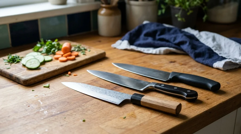 Three different 8-inch chef’s knife styles arranged on a wooden kitchen counter with fresh vegetables.