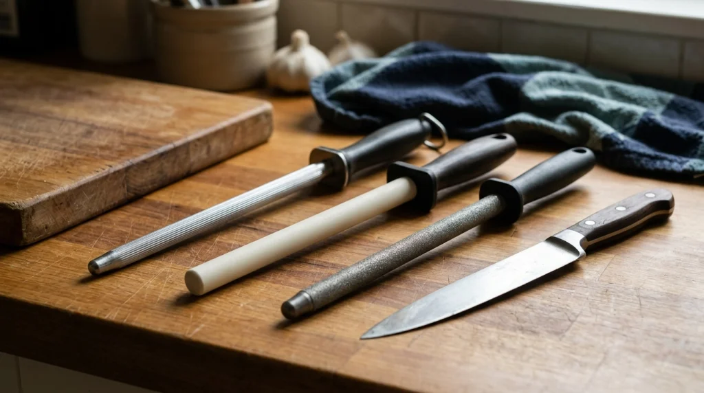 Traditional steel, ceramic, and diamond-coated honing rods arranged beside a chef knife.