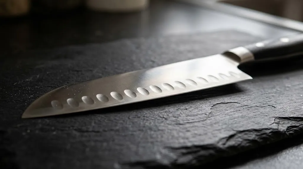 Close-up of knife blade showing Granton edge hollows.