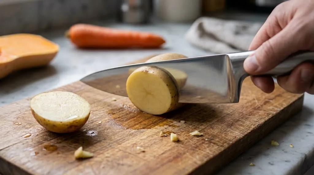 Chef knife blade geometry shown while slicing a dense potato on a wooden cutting board
