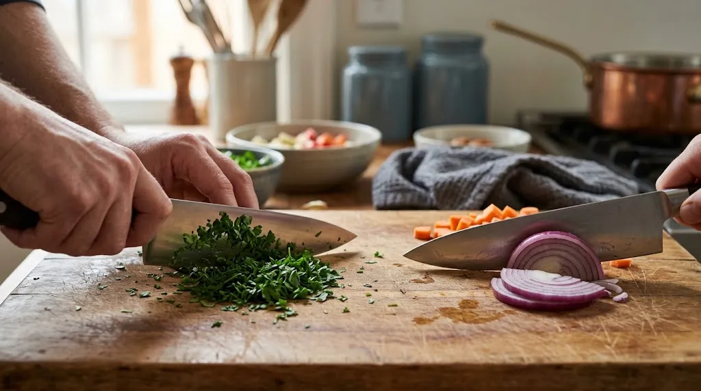 Curved and flatter chef knife blade profiles demonstrating rocking and push-cutting motions