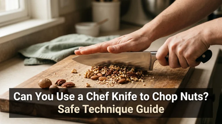 Chef knife safely rocking through walnuts, pecans, and almonds on a wooden cutting board