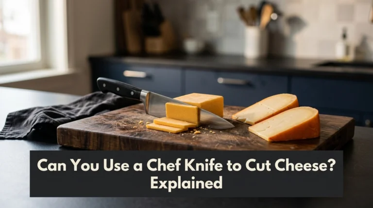 Sharp chef knife cutting a firm block of cheese on a wooden kitchen board