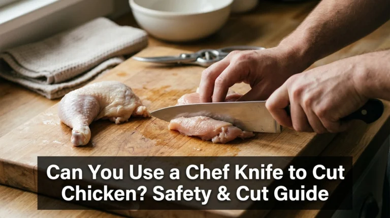 Chef knife cutting boneless chicken safely on a wooden kitchen cutting board
