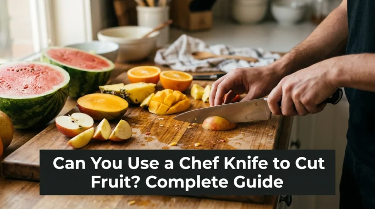 Sharp chef knife slicing apple, mango, pineapple and watermelon on a wooden cutting board