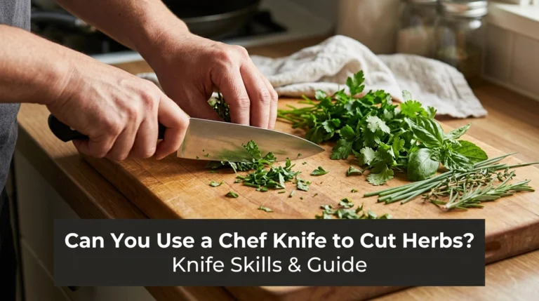 Sharp chef knife cutting fresh herbs with a controlled rocking motion on a wooden board