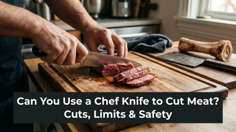 Chef knife slicing boneless steak safely on a wooden cutting board beside an unused meat cleaver