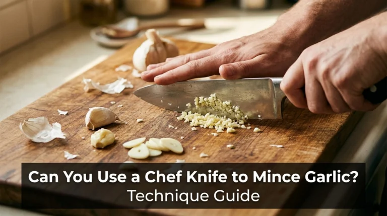 Chef knife mincing fresh garlic on a wooden cutting board using a controlled rocking motion