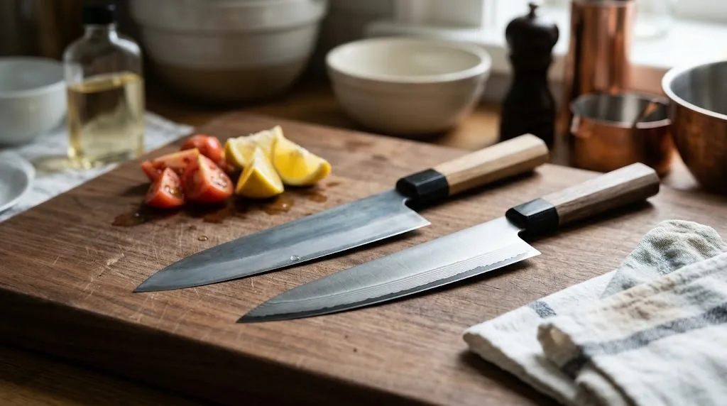 Carbon steel monosteel and stainless-clad San Mai chef knives showing different blade surfaces and exposed edges.