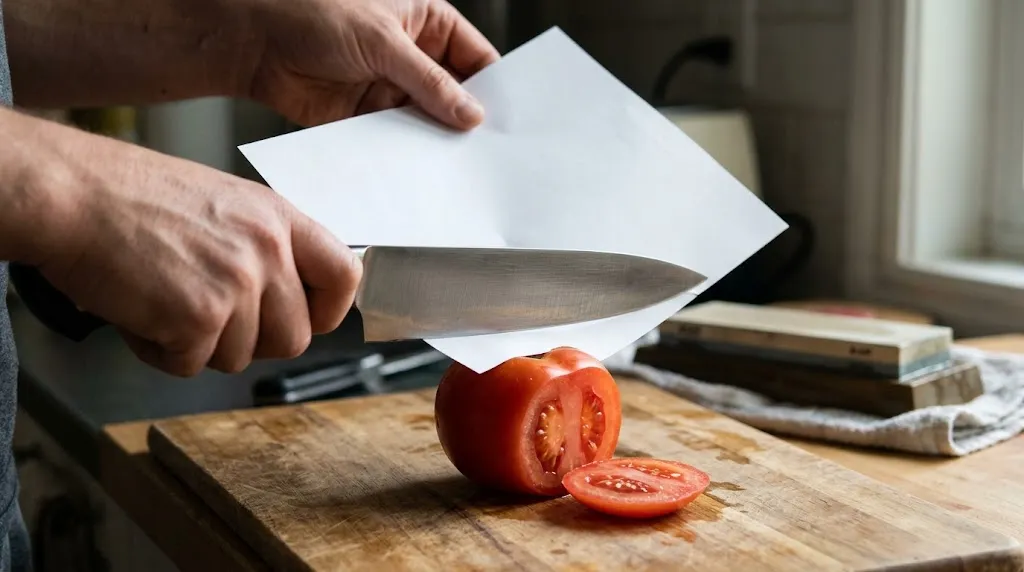 Close-up of steady hands holding a chef knife at a consistent low angle on a wet whetstone.