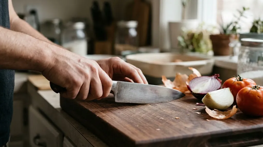 Chef knife on a wooden cutting board during food preparation to protect blade sharpness.