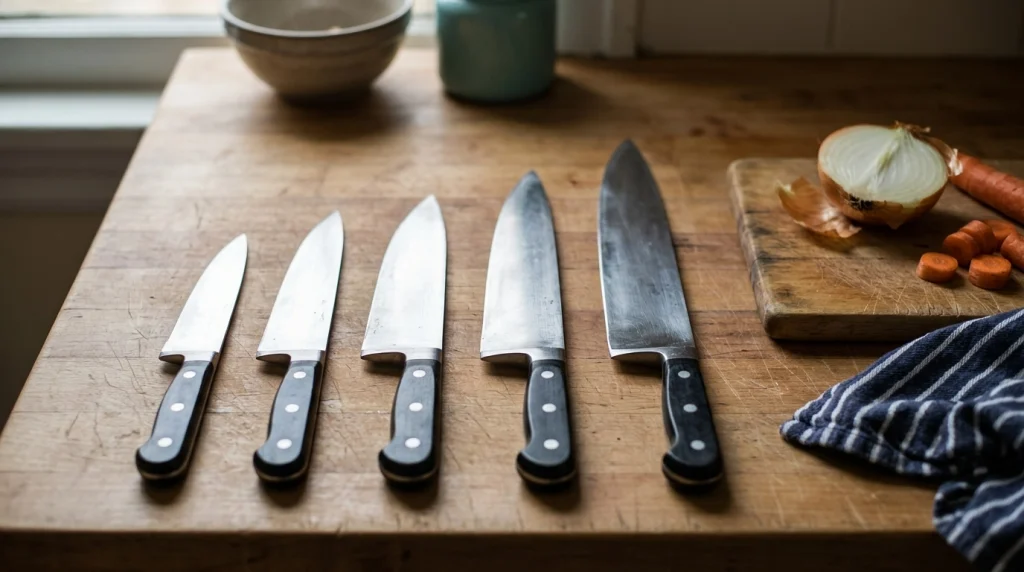 Five chef’s knives illustrating 6-, 7-, 8-, 10-, and 12-inch chef’s knife blade lengths.