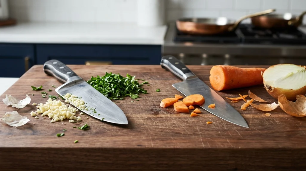 German vs French chef knife profiles showing a curved belly and flatter cutting edge on a wooden board.