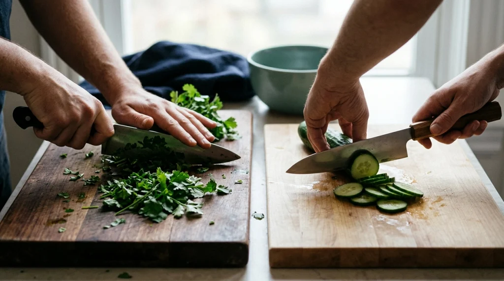 Western vs Japanese chef knife blade shapes demonstrated through herb chopping and cucumber slicing.