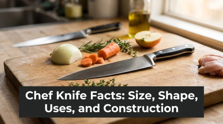 Chef knife on cutting board illustrating blade size, shape, uses, and construction