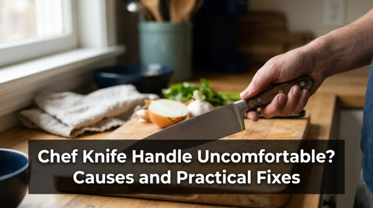 Chef knife handle uncomfortable as a cook examines the knife grip above a wooden cutting board.