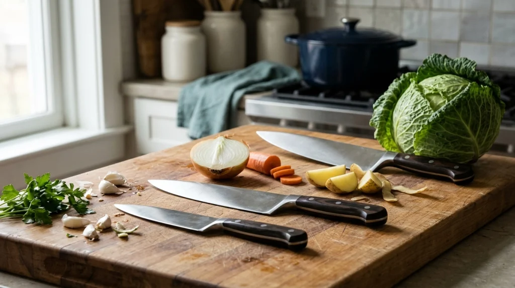 Six-, eight-, and ten-inch chef knives arranged beside fresh vegetables on a wooden cutting board.