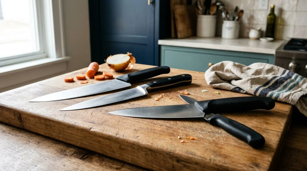 Three chef knives representing compact and standard blade lengths arranged on a wooden cutting board.