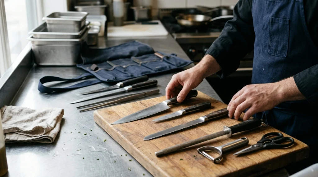 Essential chef knife roll tools arranged beside specialized boning, fillet, slicing, and plating tools.