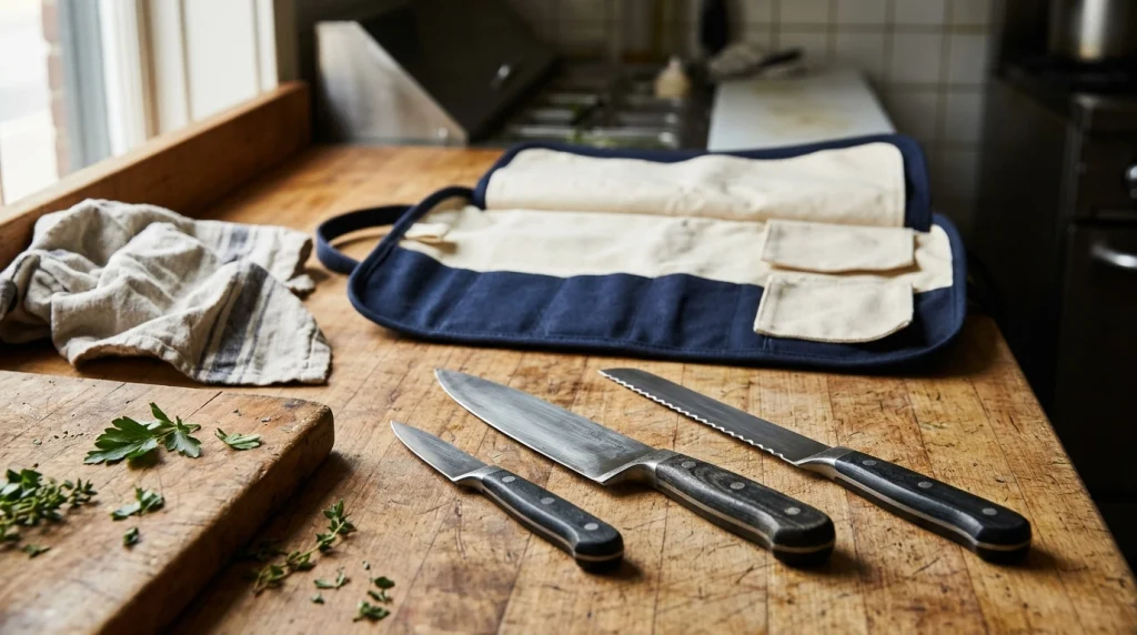 Chef’s knife, paring knife, and serrated bread knife arranged beside an open navy knife roll.