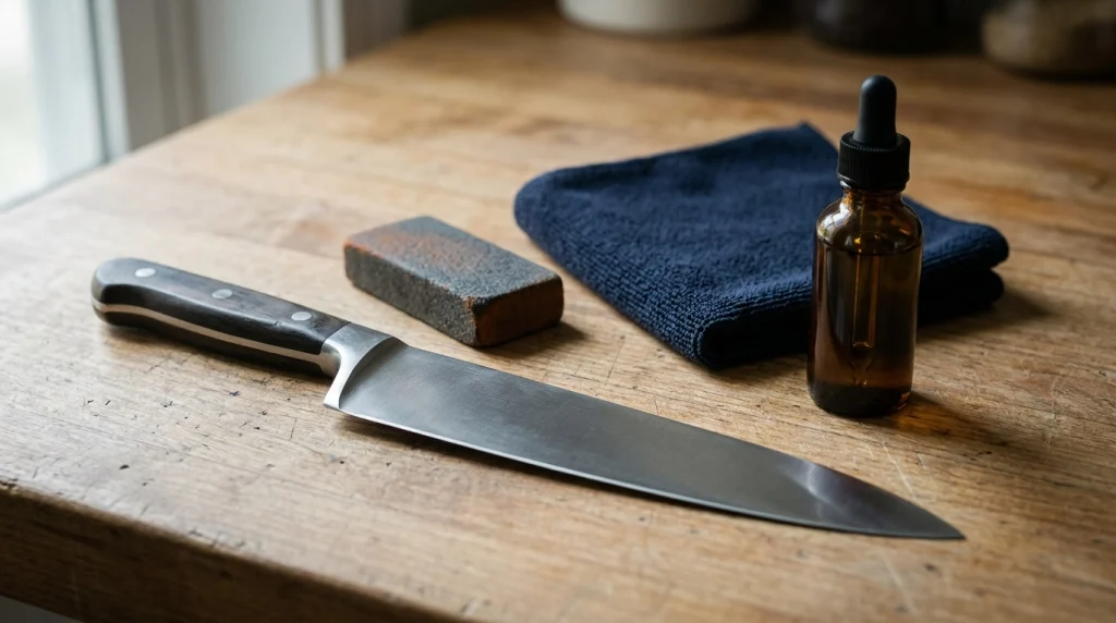 Chef knife maintenance tools including a rust eraser, microfiber cloth, and knife oil.