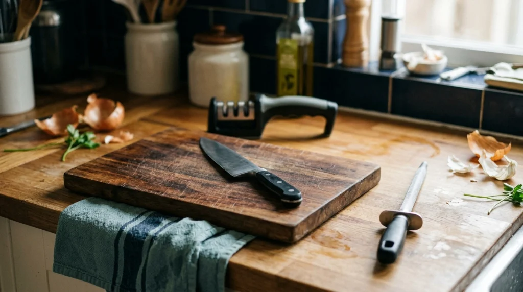 Chef’s knife, non-slip cutting board, honing steel, and knife sharpener arranged on a wooden kitchen counter.