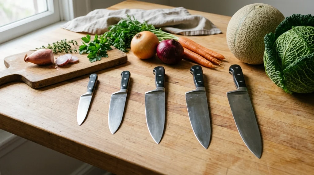 Five chef knives arranged by blade length beside foods of different sizes
