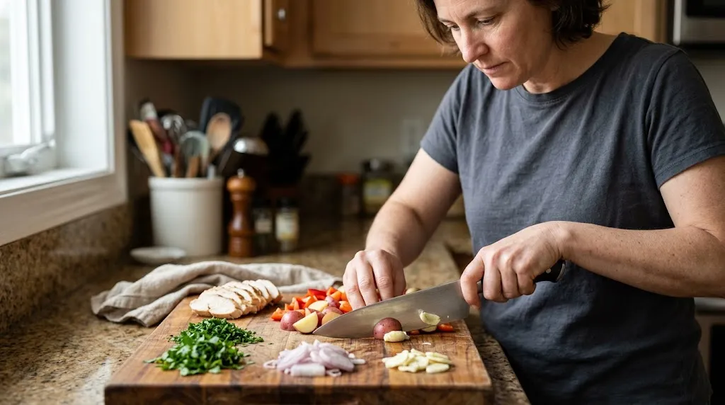 Cook using a chef knife to chop vegetables beside sliced meat, herbs, shallots, and garlic