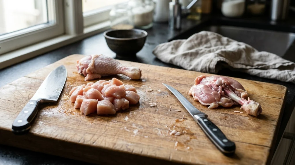 Chef knife and boning knife shown with chicken breast, joint and deboned thigh
