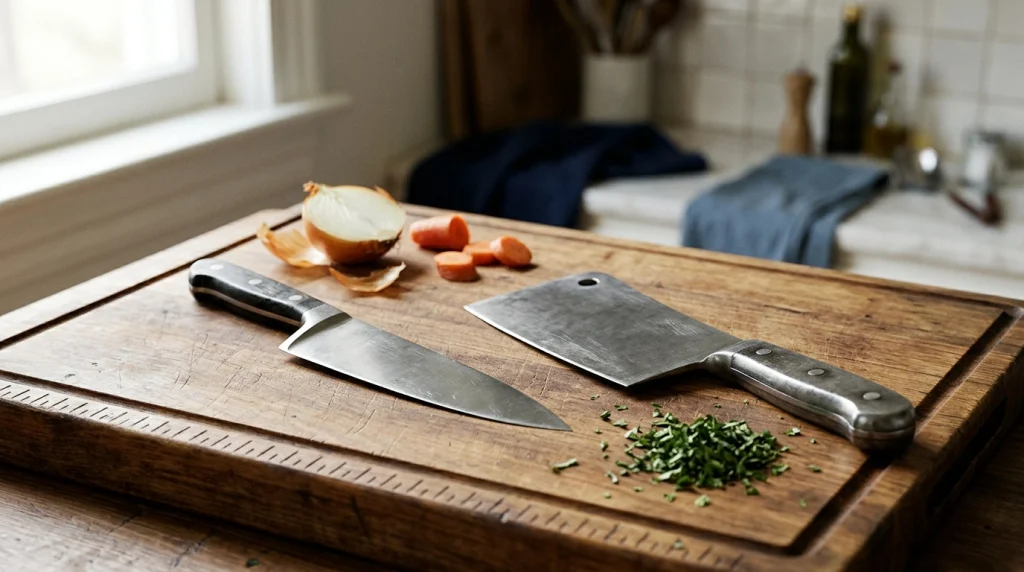 Chef knife vs cleaver side by side on a wooden board, showing tapered and rectangular blades.