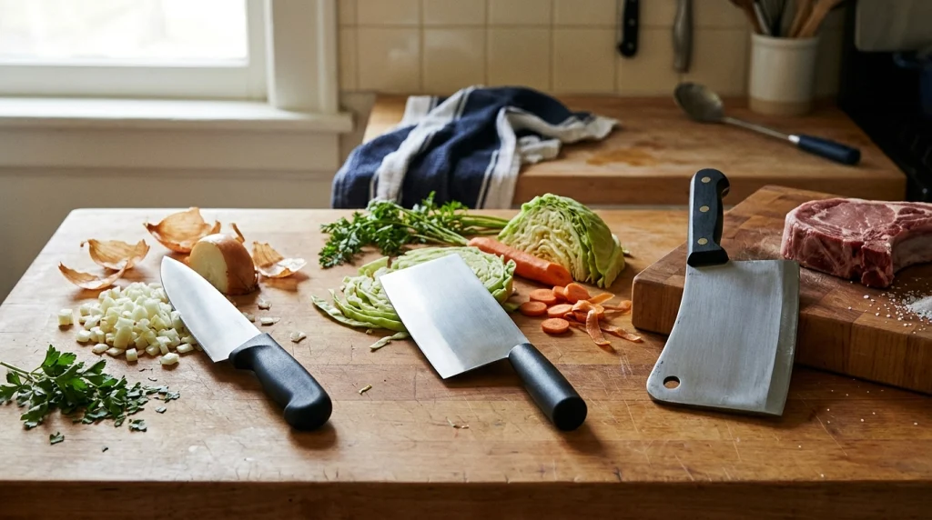Chef knife, Chinese vegetable cleaver, and heavy meat cleaver arranged for a kitchen knife buying guide.