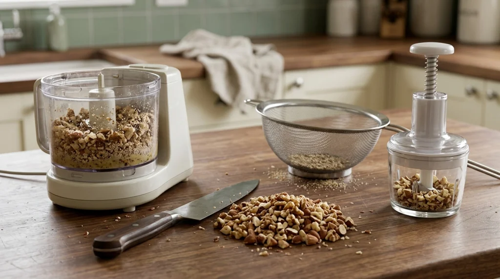 Chef knife, food processor, and manual nut chopper compared on a kitchen counter