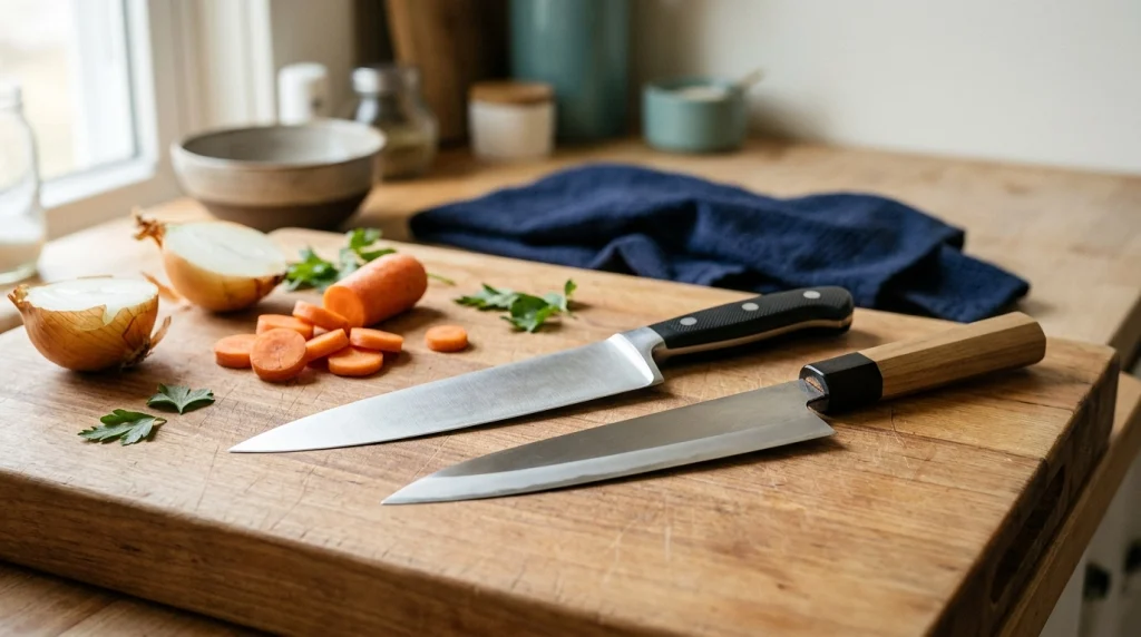 Japanese-style gyuto and Western chef's knife displayed beside freshly prepared vegetables.