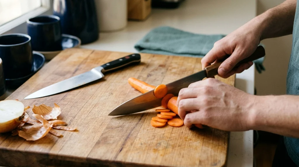 Gyuto slicing carrots beside a Western chef's knife on a wooden cutting board.
