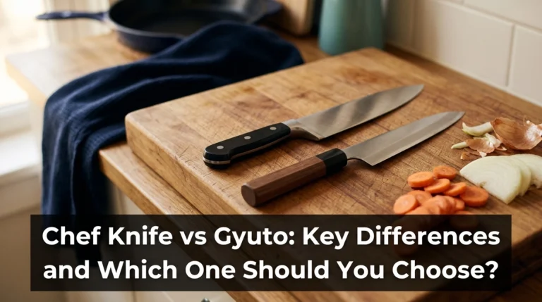 Western chef knife and Japanese gyuto side by side on a wooden cutting board.