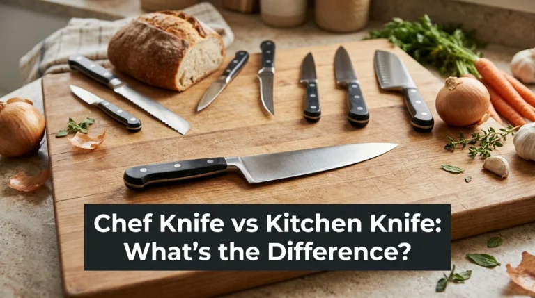 Chef knife beside several kitchen knife types on a wooden cutting board