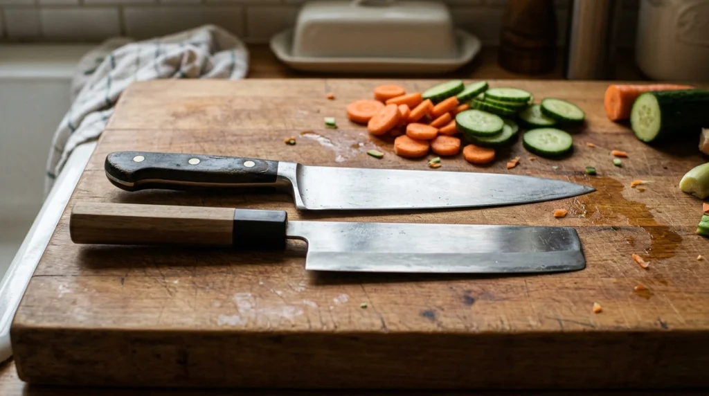 Chef knife vs nakiri showing a pointed curved blade beside a broad rectangular vegetable knife.