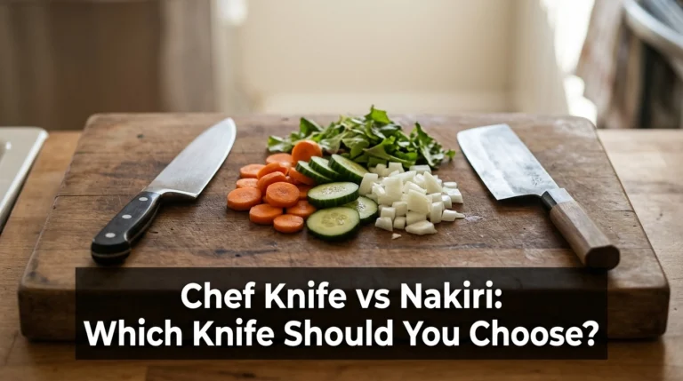 Chef knife vs nakiri displayed side by side on a wooden cutting board with freshly chopped vegetables.