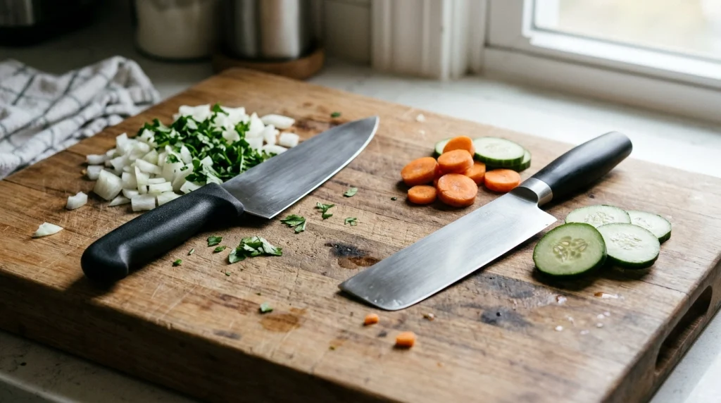 Chef knife vs nakiri represented by a versatile chef knife and a rectangular nakiri beside fresh vegetables.