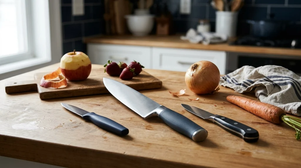 Full-size chef knife and two compact paring knives arranged with everyday fruit and vegetables