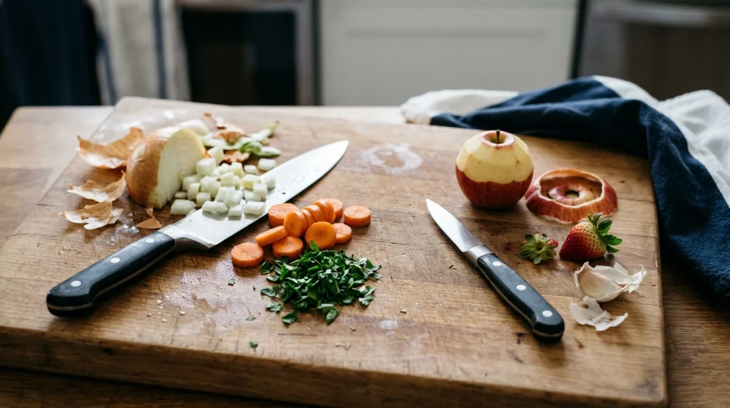 Long chef knife beside a short paring knife with chopped vegetables, apple, and strawberry.