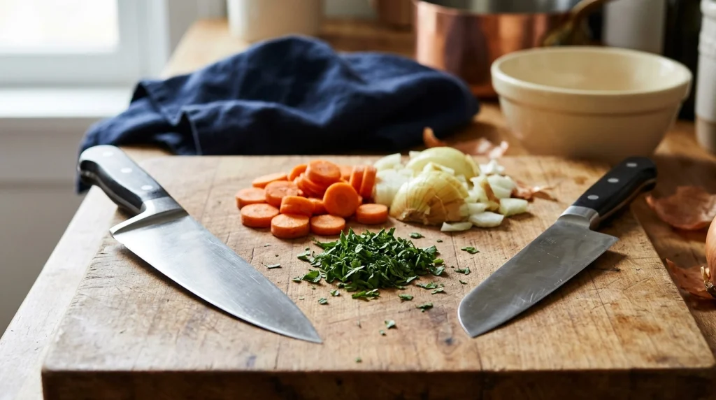Curved chef knife and flatter santoku knife displayed side by side on a wooden cutting board.