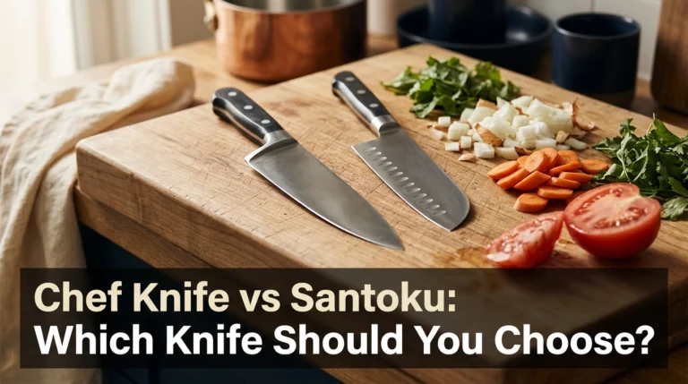 Chef knife and santoku knife beside chopped vegetables on a wooden cutting board.