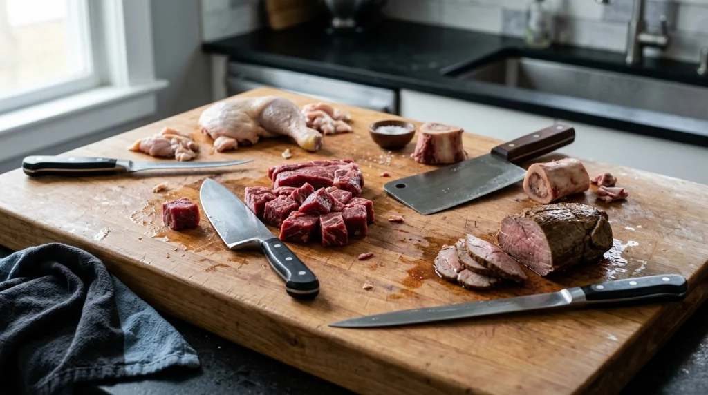 Chef knife, boning knife, meat cleaver, and carving knife arranged for different meat-cutting tasks